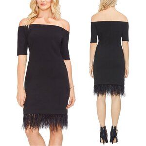 Vince Camuto Dress Womens 2X Black Edge off Shoulders Slv Ostrich Feathers Hem